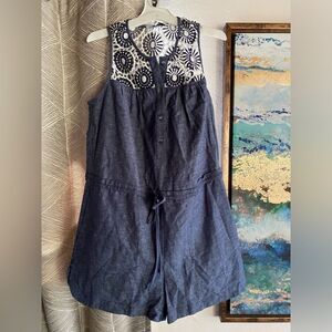 Current Air  Romper Women Sz Small Denim Blue Crochet Pockets NEW